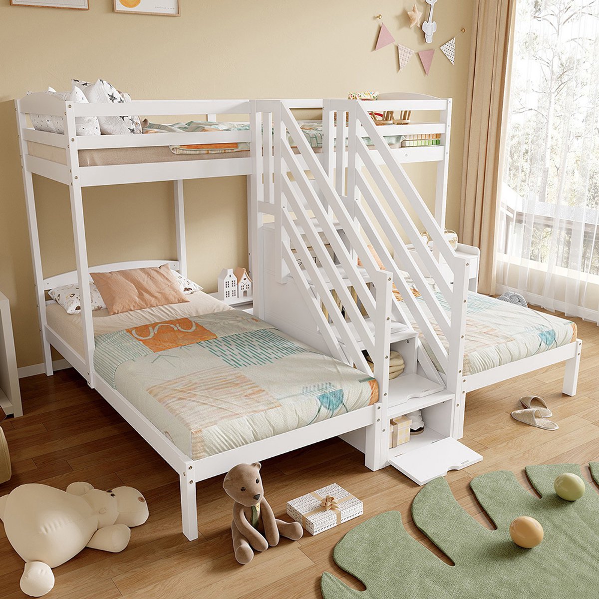 KOMHTOM Hoogslaper, 90 x 200 cm, 3 bedden, grenenhout, inklapbare ladder met lades, veiligheidshek, EN 747-gecertificeerd, zonder matras, wit
