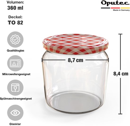 Oputec 48x 360ml inmaakpotten / voorraadpotten TO Ø 82 mm – glazen jampotten – metalen schroefdeksel rood-wit geruit – conservenpotten