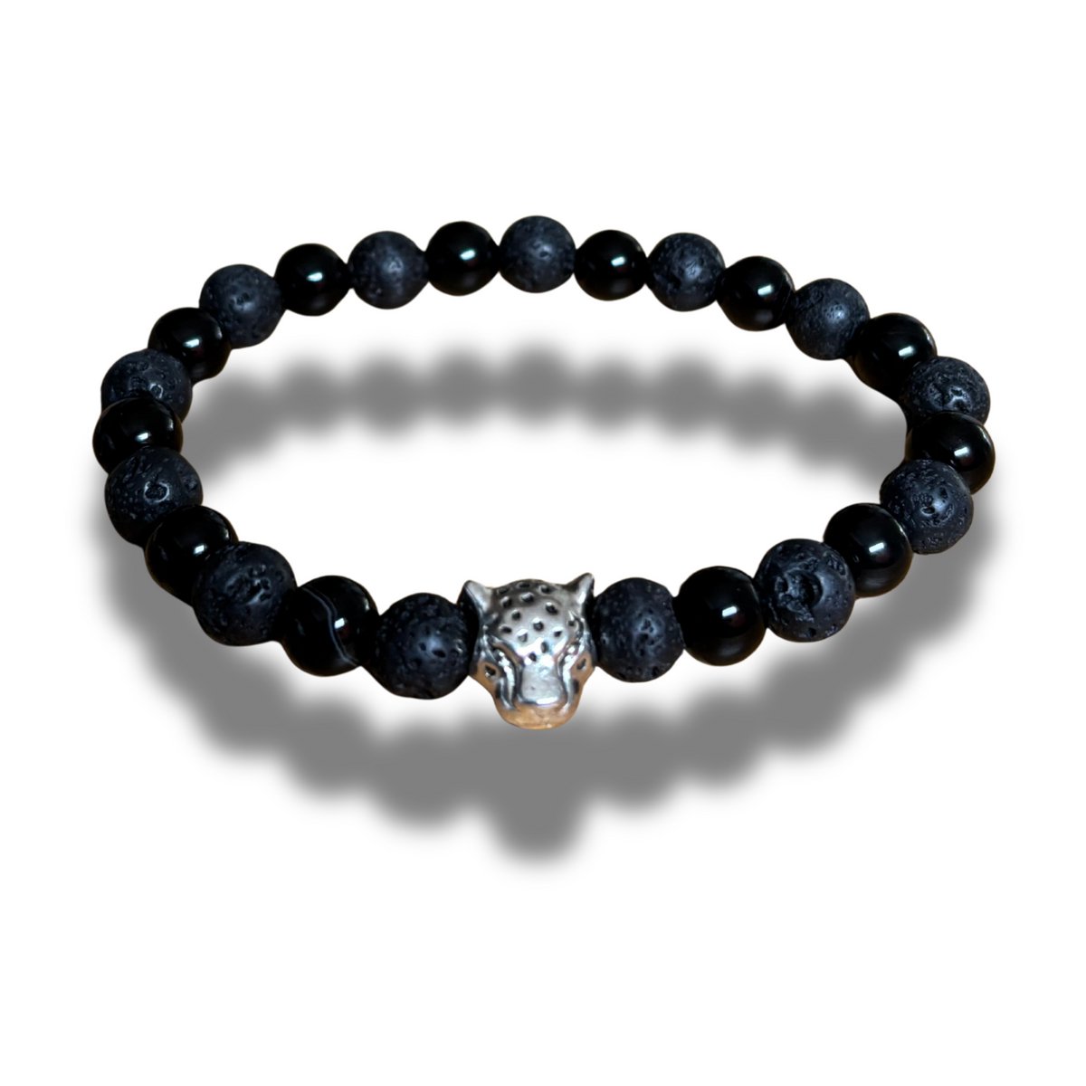 Armband - natuursteen - lava - gepolijste zwarte agaat - 8 mm - lengte 21,5 cm - zilverkleurig element tijgerhoofd