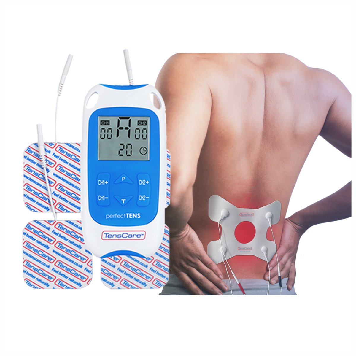 TensCare - Bundel Perfect TENS + 1x rug elektrode | TENS apparaat | Pijnverlichting | Elektrodentherapie | Rugpijn elektrode TENS/EMS | Zelfklevende gelpads | Voor rugklachten verlichting – Compatibel met TENS en EMS apparaten | rug elektrode |