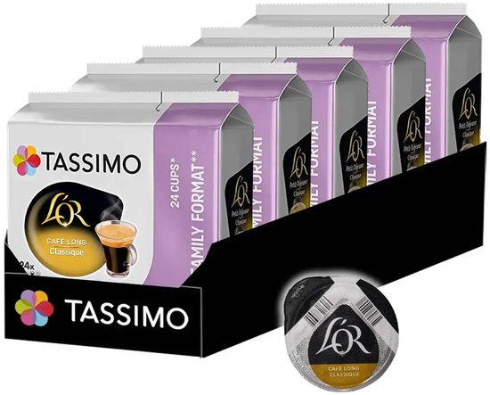 Tassimo L'OR Café Long Classique. Zes pakken met 24 cups per stuk. Een enkele cup met koffie is zichtbaar.