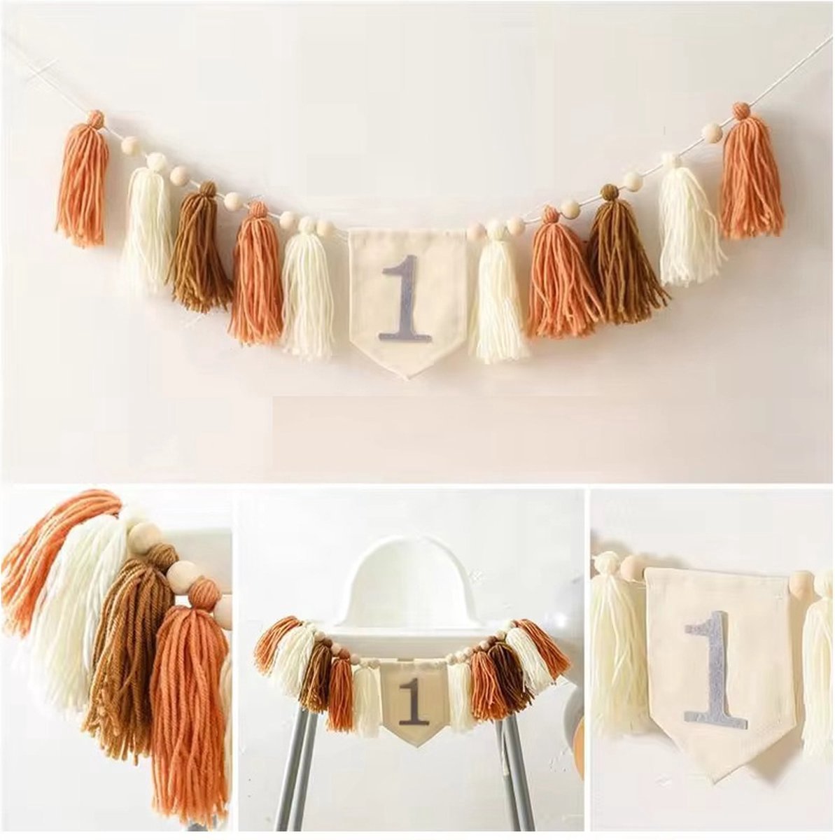 Feestpakket Verjaardag Kindje 1 jaar, 2 jaar, 3 jaar - Aardetinten en Hout - Verjaardagskroon - Verjaardagsslinger met Tassels - Toverstafje - Happy Birthday Houten Bord - Taarttopper — afbeelding 6