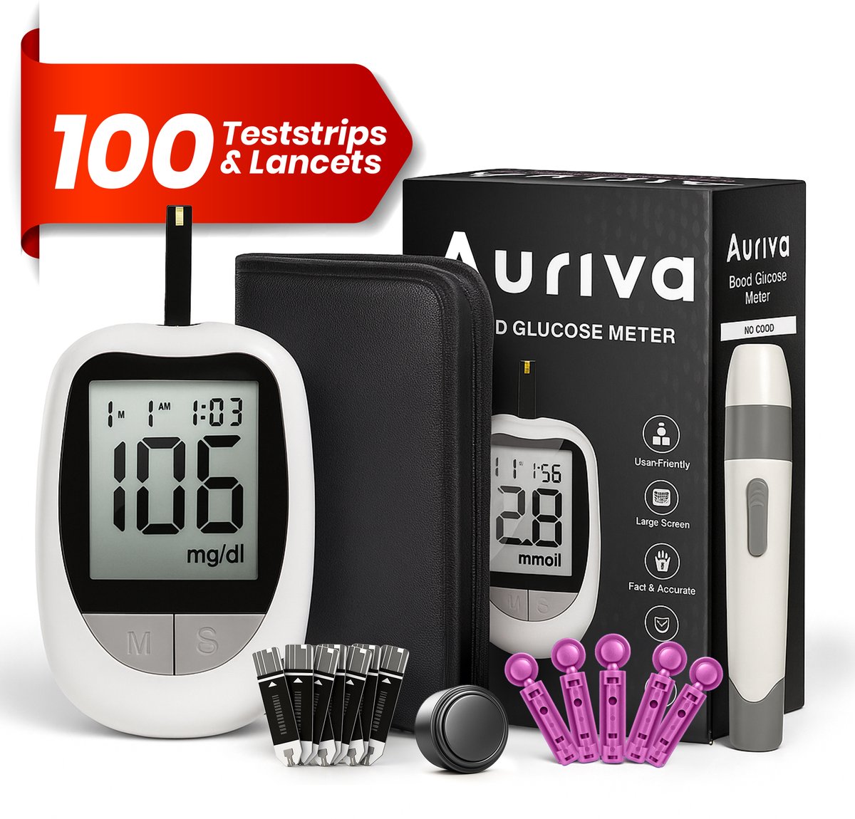 Auriva® Glucosemeter - Glucosemeter startpakket - Bloedsuikermeter - Diabetes meter - Incl. Prikpen, Batterijen en tas - GRATIS 100 Teststrips & 100 Lancetten - EN/NL handleiding