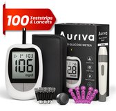 Auriva® Glucosemeter - Glucosemeter startpakket - Bloedsuikermeter - Diabetes meter - Incl. Prikpen, Batterijen en tas - GRATIS 100 Teststrips & 100 Lancetten - EN/NL handleiding