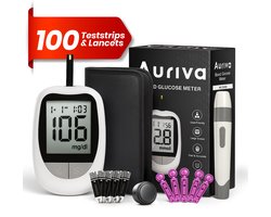 Auriva® Glucosemeter - Glucosemeter startpakket - Bloedsuikermeter - Diabetes meter - Incl. Prikpen, Batterijen en tas - GRATIS 100 Teststrips & 100 Lancetten - EN/NL handleiding