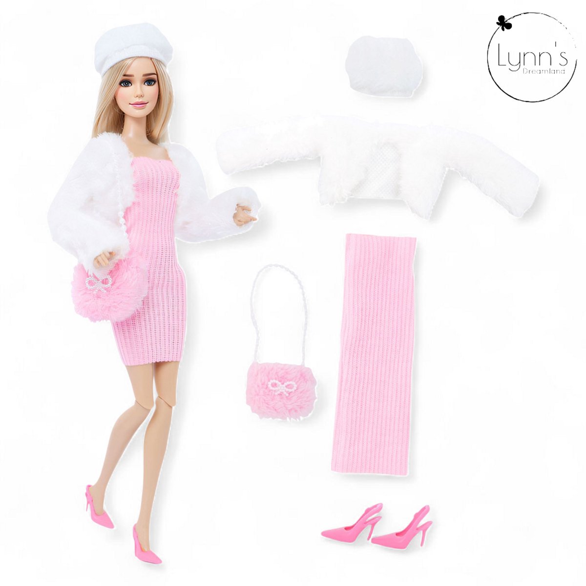 Lynn’s poppenkleertjes - Set ‘Lea’ - Geschikt voor modepop - Set van 3 outfits, 3 paar schoenen, 2 handtassen - Kledingset voor modepoppen - Cadeauzakje — afbeelding 2