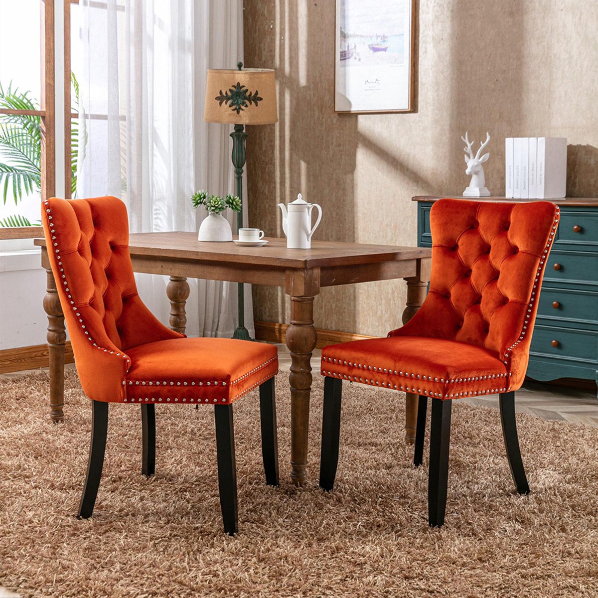 Pugsdrly Moderne, hoogwaardige eetkamerstoel met fluwelen bekleding en houten poten, spijkerstof, set van 2, oranje, DE2001OG
