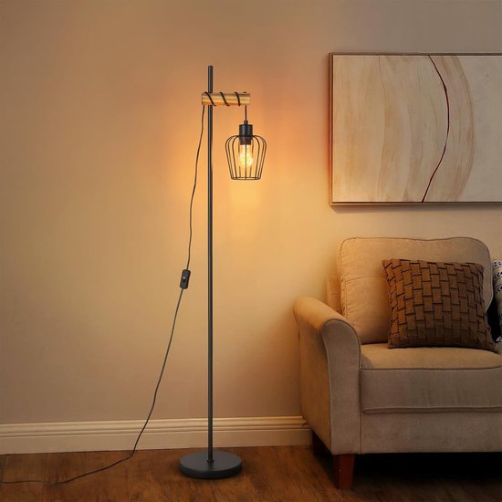 Glitzerlife Vintage Staande Lamp - Hout en Zwart Metaal - 146 cm - Vloerlamp met E27 Fitting (excl. lamp) - Retro Industriele Sfeer voor Woonkamer Slaapkamer