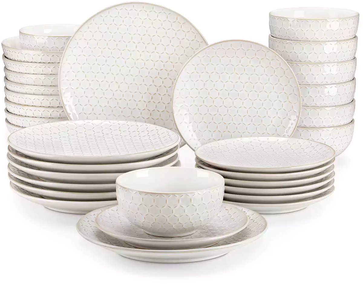 Serviesset - 8 Persoons Servies - Hexagon Patroon - Keramiek - Diner- en Dessertbord - Ontbijt- en Soepkom - 32-delige Set