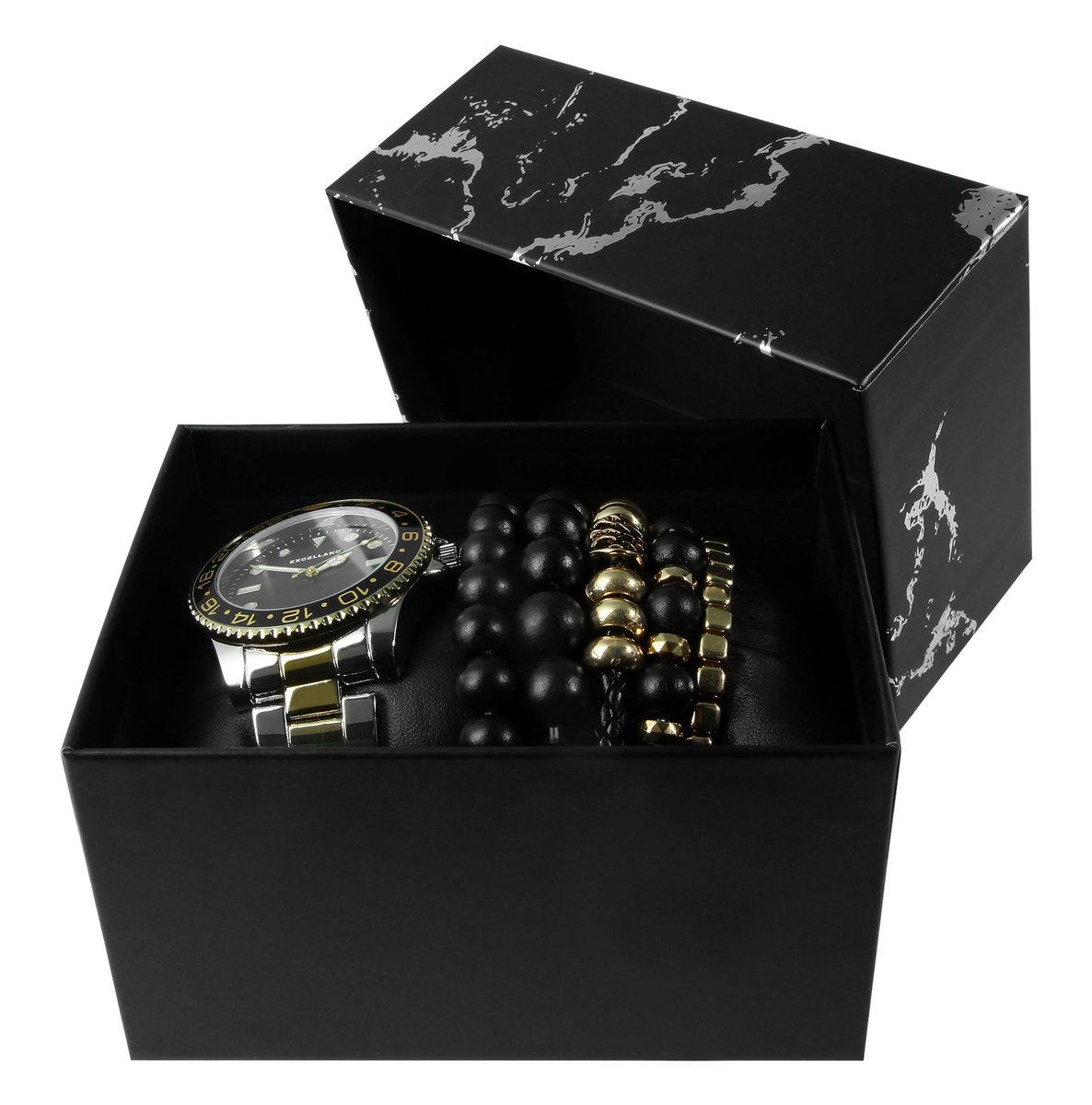 Excellanc herenhorloge geschenkset zilver-zwart-goudkleurig horloge en vijf armbanden zwart-goudkleurig