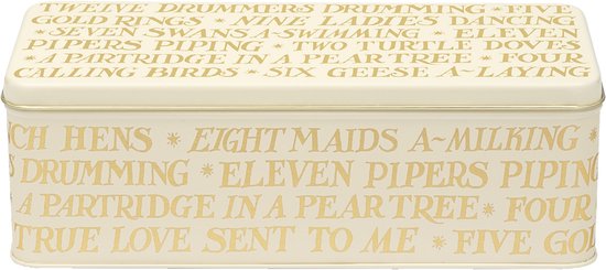 Boîte rectangulaire crème avec texte doré 'Twelve Drummers Drumming' et autres paroles de chants de Noël.