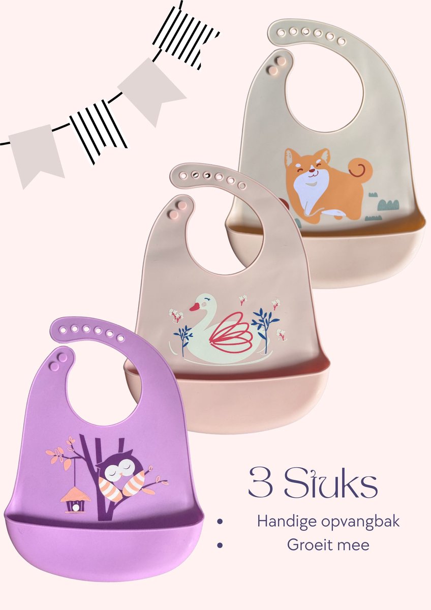 3 stuks Slabbetjes met Opvangbakje - Siliconen Slabber Baby Peuter - Verstelbaar en Waterproof - Kraamcadeau