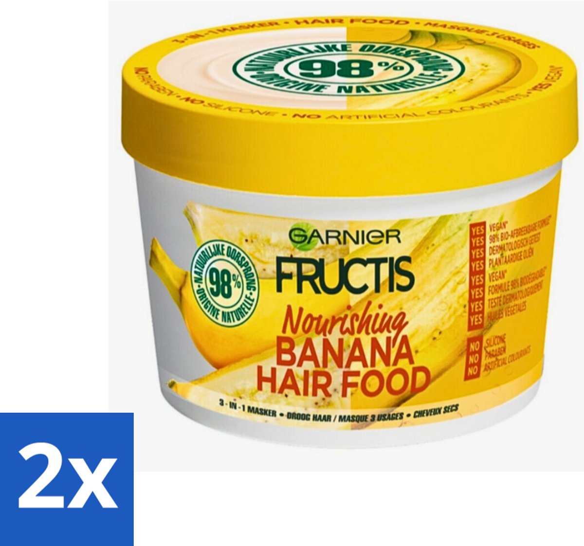 2 x Garnier - Fructis Hair Food Banana - 3-in-1 Haarmasker - Voedend - Droog Haar - 400 ml - Haar Masker - Kokosmelk Masker - Macadamia Masker - Droog Haar Masker - Normaal Haar Masker