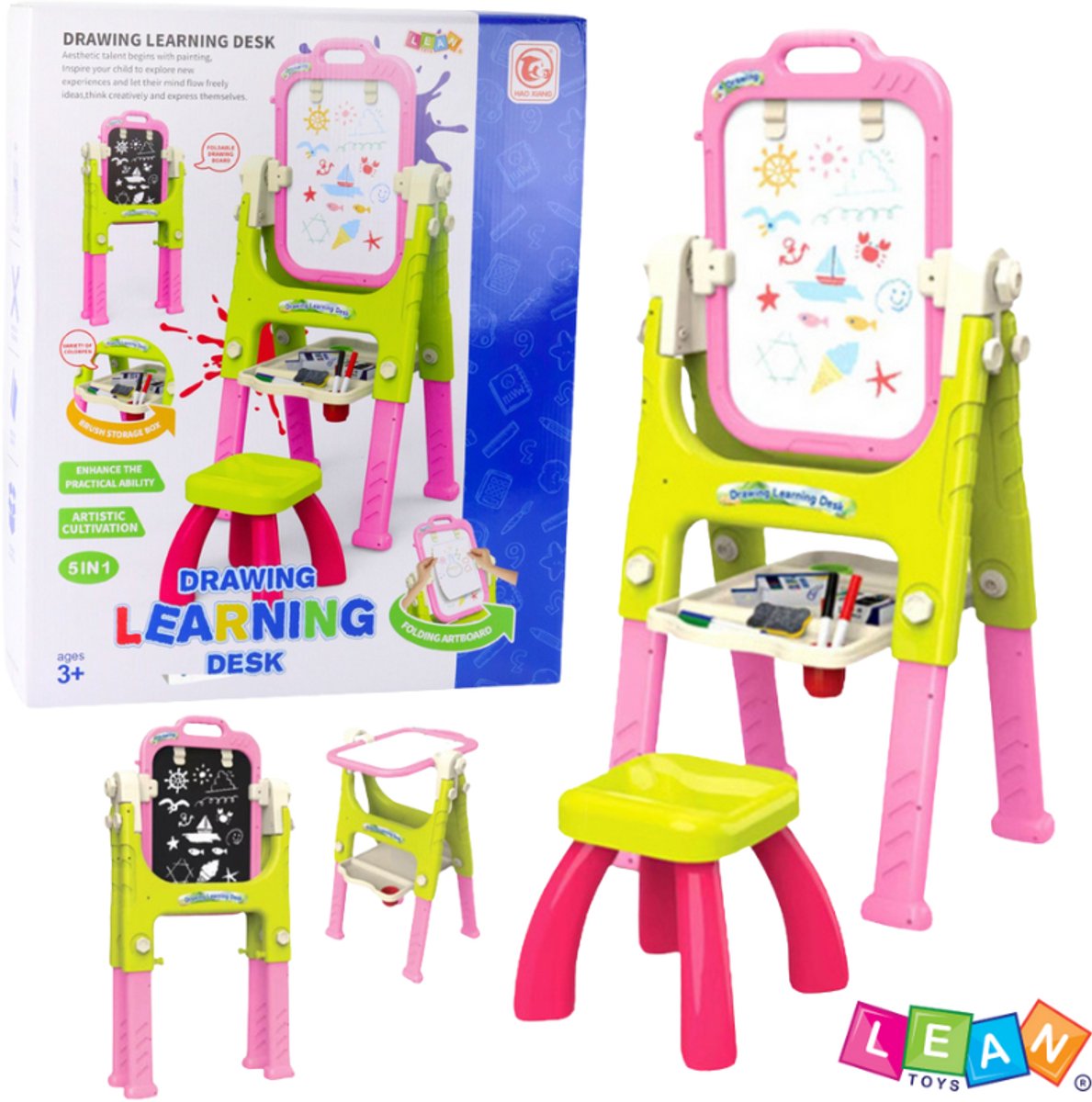 LeanToys – 5-in-1 Educatief Teken- & Leerbureau met Stoel voor Kinderen – Krijtbord, Whiteboard, Bureau, & Organizer – Verstelbare Hoogte – Inclusief Markers, Krijt, Crayons, Papier, Spons & Accessoirehouder – Educatief Speelgoed + Gratis E-Book