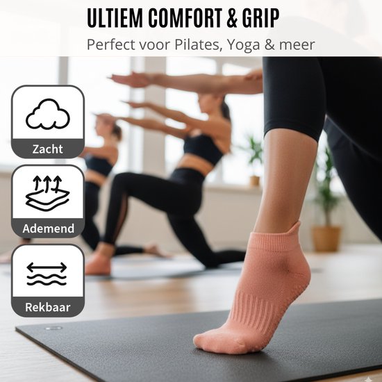 3 Paar Yoga Sokken Antislip Dames - Antislip Sokken Dames - Pilates Sokken - Anti Slip Sokken - Roze, Grijs & Zwart van Adorable Danish — afbeelding 2