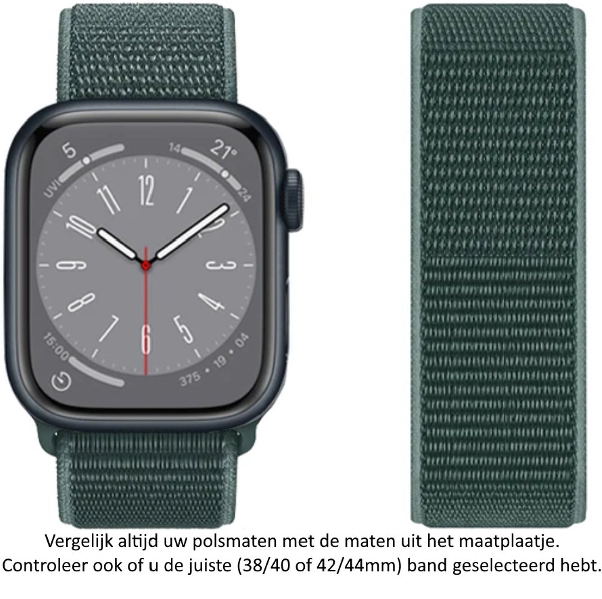 Dennen Groen Nylon Horlogeband Geschikt voor Apple Watch 1, 2, 3, 4, 5, 6, 7, 8, 9, SE, 38mm 40mm 41mm "Vrouwenbreedte" Series - Zacht Geweven Nylon - 38 mm, 40 mm en 41 mm - Maat: zie maatfoto
