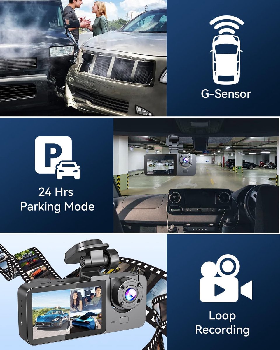 4K Dashcam voor auto, voor- en achtercamera, wifi-gps-autocamera met 32GB SD-kaart, 3-kanaals autocamera, 170° groothoek, nachtzicht, WDR, G-sensor, 24-uurs parkeermodus, loop-opname – foto 3