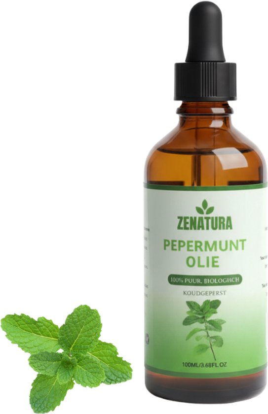 Zenatura Pepermuntolie fles met druppelaar en muntblaadjes, geïsoleerd op witte achtergrond.
