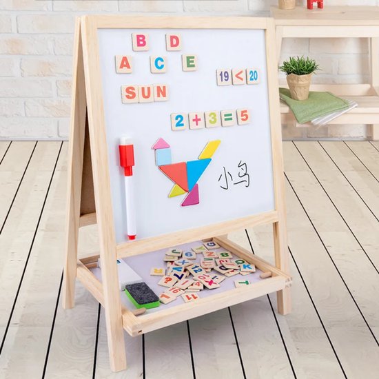 Houten Kinder Ezel | Tekenbord | Magnetisch Whiteboard & Krijtbord | Reisformaat | Mee op vakantie | Educatief Speelgoed met Letters, Cijfers, Vormen & Krijtjes | Cadeau Idee voor Kerst | Dubbelzijdig Leerbord voor Kinderen