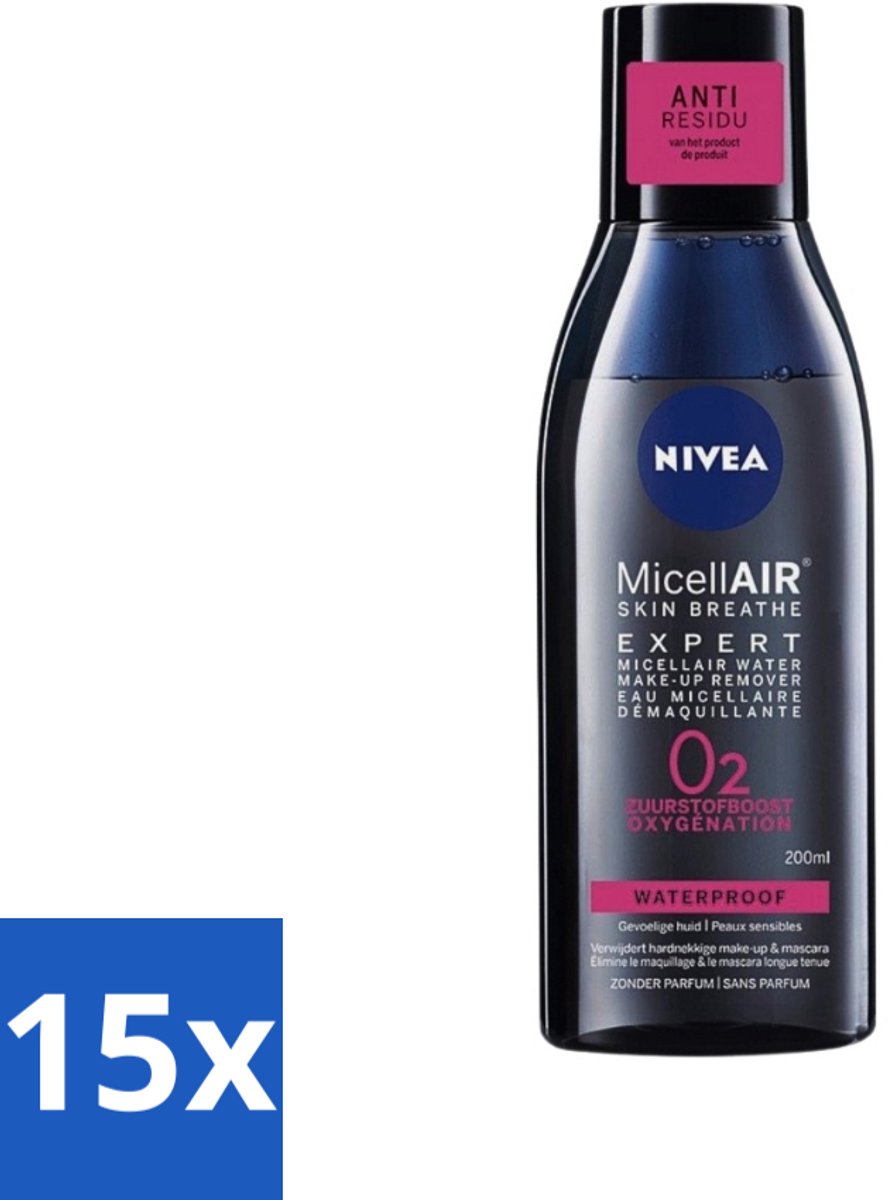 15 x Nivea - Expert Make-up Remover - Micellair Water - Gezichtsreinigingsmiddel - 200 ml - Make-up Remover - Gezichtsreinigingsmiddel - Micellen - Zuurstofboost - Huid Ademen
