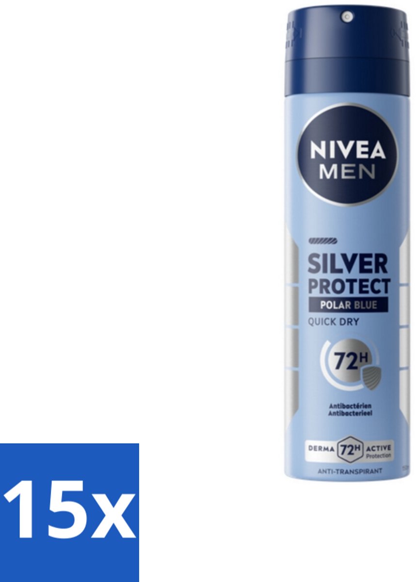 15 x Nivea - Men - Deodorant - Spray - Silver Protect Polar Blue - 150 ml - Deodorant Spray - Zilverionen - 72 Uur Bescherming - Anti-transpirant - Zweetgeur