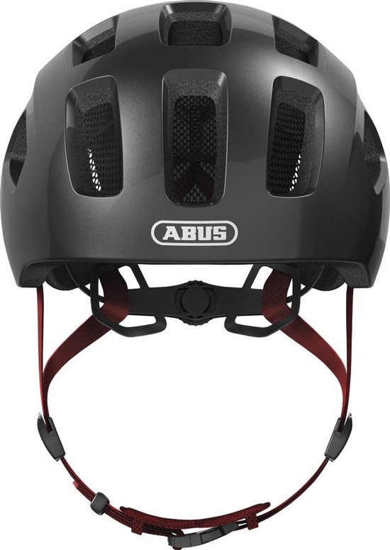 Grijze ABUS fietshelm met rode bandjes en ventilatieopeningen.