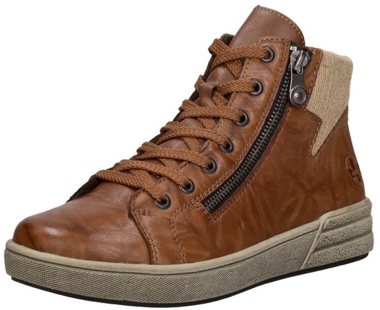 Cognackleurige leren dames sneaker met rits, veters en corduroy boord.