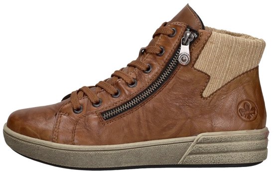 Cognac leren hoge veterschoen met ritssluiting en beige gebreide voering, zij-aanzicht.