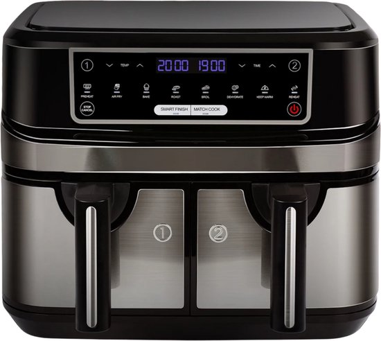 Heteluchtfriteuse - Aifryer - 9 liter XXL - 2 onafhankelijke lades van 4,5 liter - 8 automatische programma's met LED-touchscreen - 2 Kookvakken