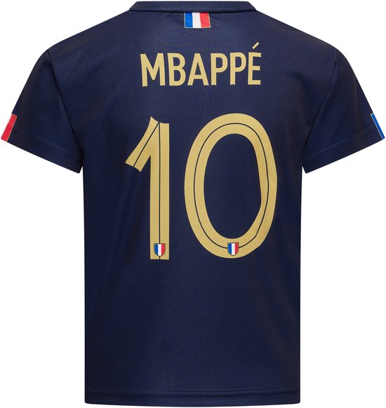 Maillot de football bleu marine avec 'MBAPPÉ 10' au dos et détails dorés.