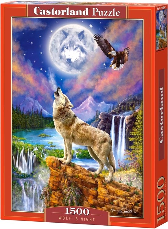 Doos Castorland puzzel 'Wolf's Night' van 1500 stukjes, met een wolf die huilt naar de maan.