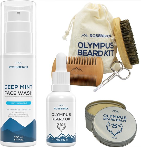 Rossberck Baardverzorging Set - 6 Delig -Baardbalsem - Baardshampoo - Baardolie - Baardkam - Baardborstel - Neushaarschaartje