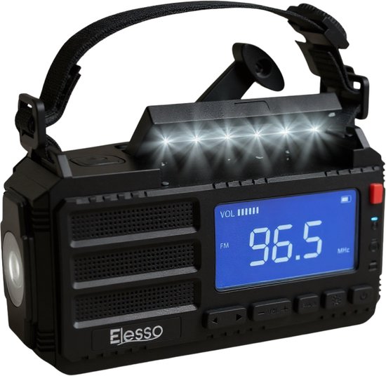 Elesso Noodradio - Solar Opwindbaar 10.000 mah - Solar Powerbank Zonneenergie - Draagbare Radio op batterijen - Zaklamp led oplaadbaar - Survival Noodpakket - Zwart