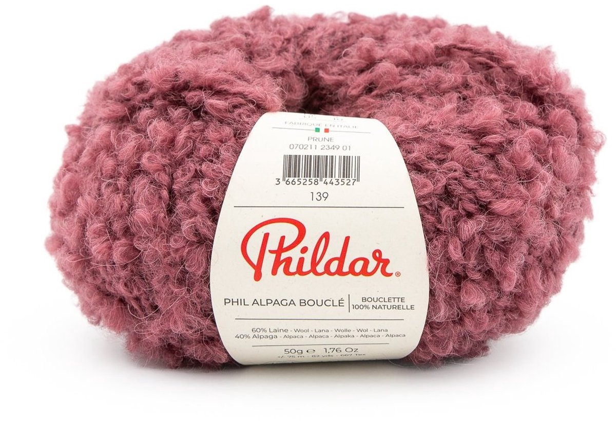 Phildar - Alpaga Bouclé - 100 % natuurlijke premium breigaren - 40 % Alapaca, 60 % Wol - Krullend effect - Wordt per 5 stuks verkocht - Kleur : Prune