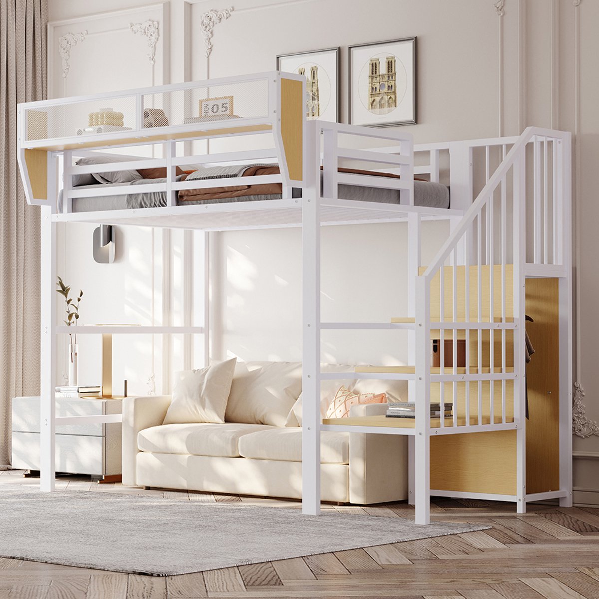 Komhtom Stapelbed 90x200 met veiligheidsladder en flexibel opbergvak, metalen bed voor volwassenen, stapelbed voor kinderen, wit