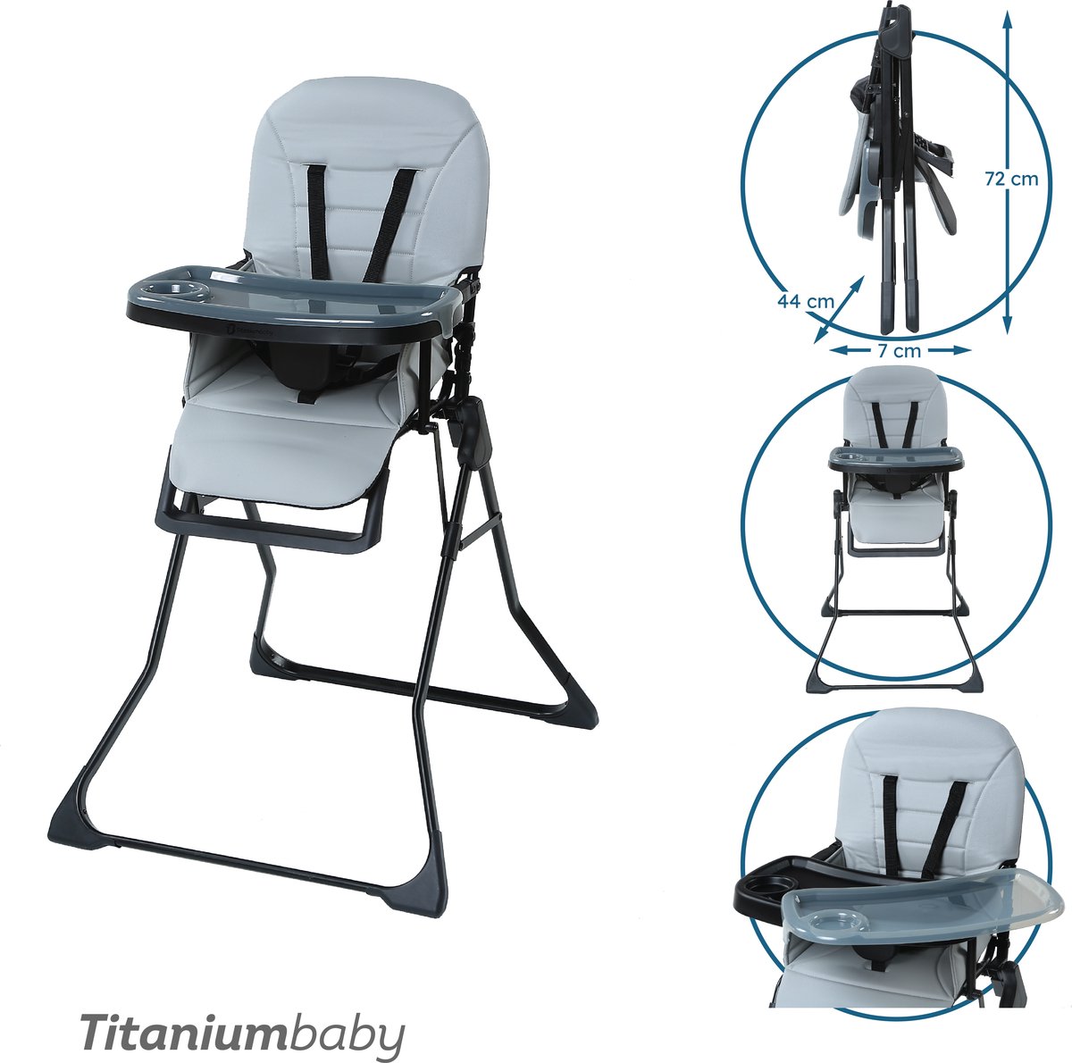 Titaniumbaby Kinderstoel Bistro Glacier Grey / Eenvoudig reinigbare bekleding / Extra afneembaar eetblad / Verstelbaar eetblad / Compact inklapbaar design