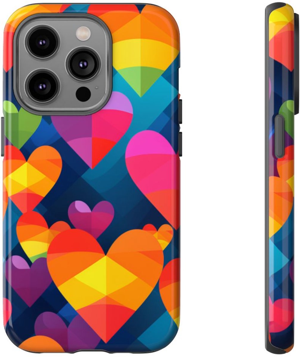 Kleurrijk Geometrisch Hartenpatroon – Telefoonhoesje Geschikt voor iPhone 14 Pro