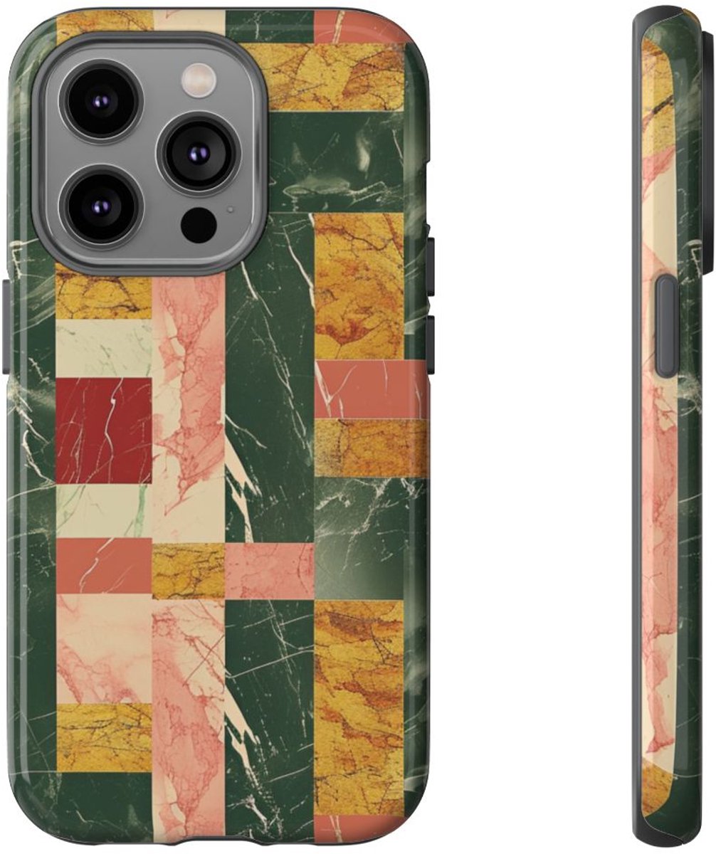 Retro Marmerpatroon in Geometrische Blokken – Telefoonhoesje Geschikt voor iPhone 14 Pro