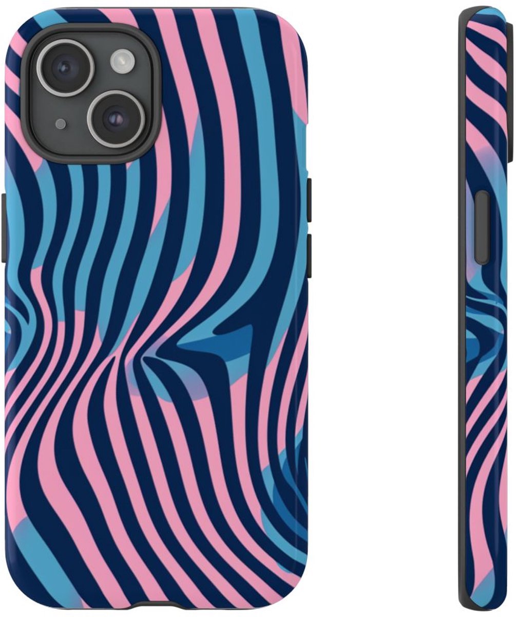 Golvend Blauw-Roze Optische Illusiepatroon – Telefoonhoesje Geschikt voor iPhone 15