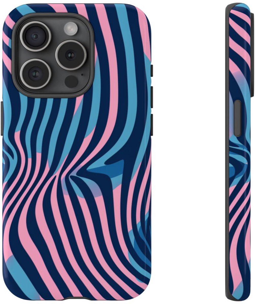 Golvend Blauw-Roze Optische Illusiepatroon – Telefoonhoesje Geschikt voor iPhone 15 Pro