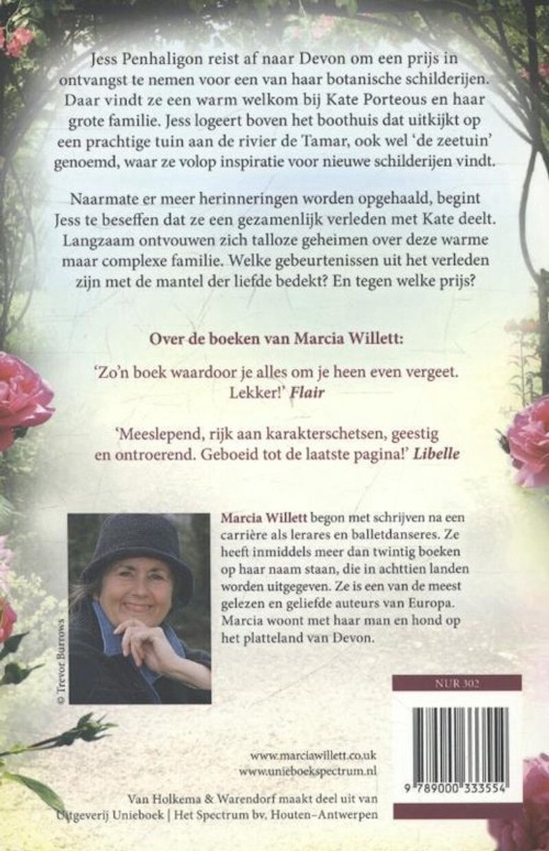 Boekcover achterkant met een foto van de schrijfster Marcia Willett en tekst over de schrijfster en het boek.