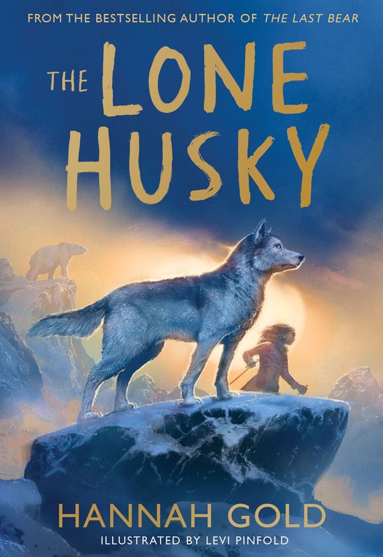 Couverture du livre 'The Lone Husky' avec un loup sur un rocher, un enfant à côté et un ours polaire en arrière-plan.