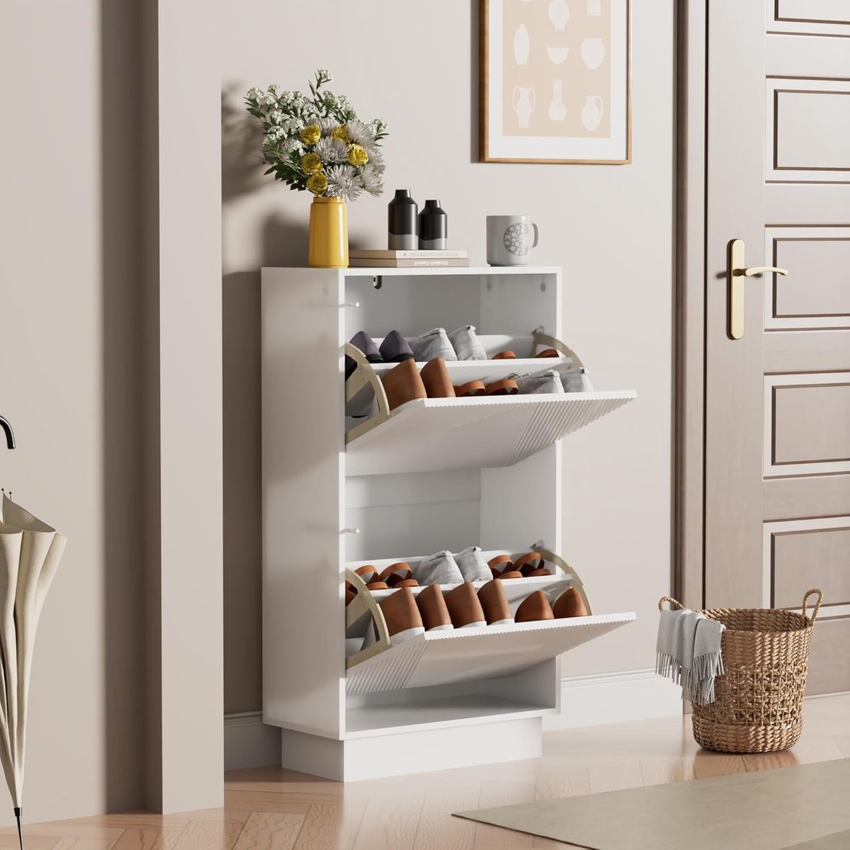 UEV Schoenenkast met 2 kleppen, schoenenkast met lijnpatroon, schoenenrek met anti-kantelfunctie, voor hal, entree, woonkamer, 50 x 24 x 91 cm, wit