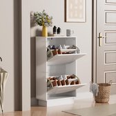UEV Schoenenkast met 2 kleppen, schoenenkast met lijnpatroon, schoenenrek met anti-kantelfunctie, voor hal, entree, woonkamer, 50 x 24 x 91 cm, wit