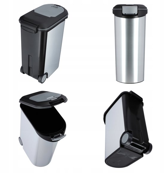 Vier beelden van de zilverkleurige voedselcontainer met zwart deksel en wieltjes.