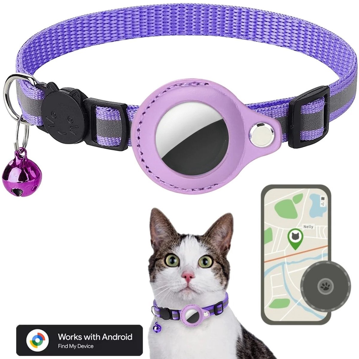 BlueTime ® - Kattenhalsband inclusief Tag - Halsband Kat & Kitten met Kattenbelletje - Gps Tracker Kat zonder Abonnement - Geschikt voor Android Find My Device - Kattenbandje, Poes, Kattenriem air & Tuigje met Houder - Paars