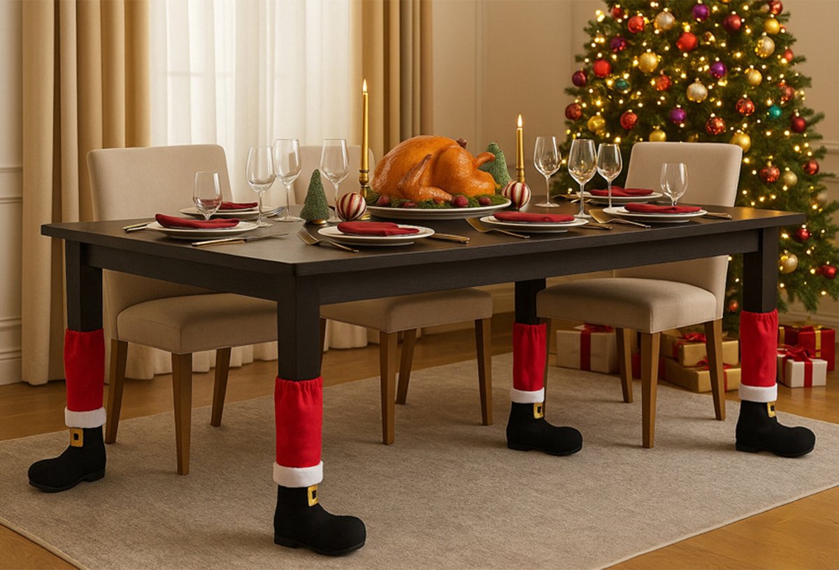 HEM Christmas Tafelpoten Hoezen - 4 stuks - Kerstman Laarzen Decoratie 25x50 cm Kerst Tafel Decoratie