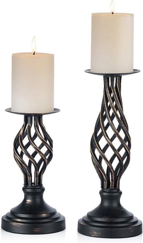 Bougeoir pilier Zwart – Chandelier Vintage en métal style gothique, décoration de Noël, Halloween, maison, salon, cheminée, centre de table de mariage, 2 pièces (22 cm + 29 cm)