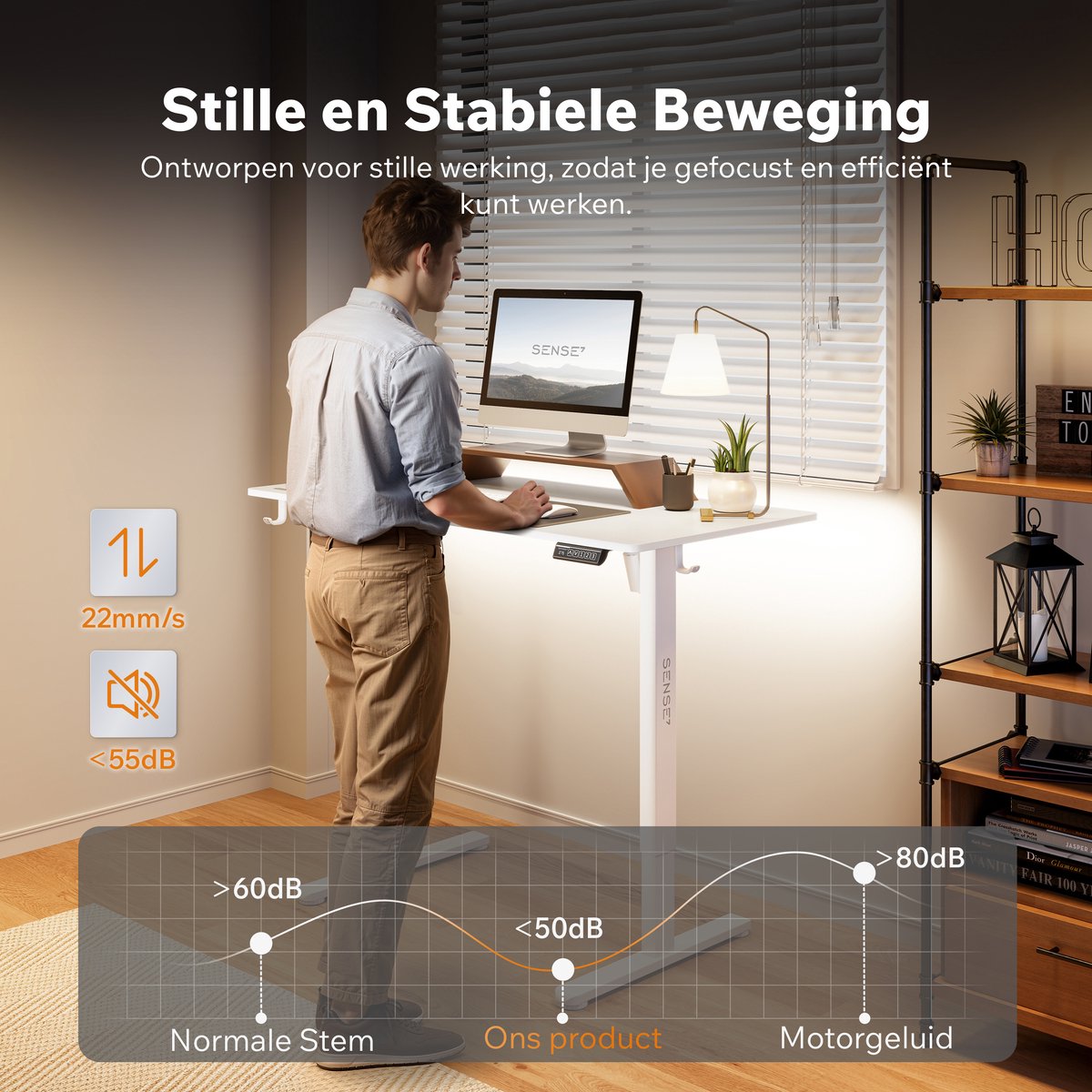SENSE7 NOJO LIGHT - Zit Sta Bureau - 120 cm x 60 cm - Elektrisch bureau - Verstelbare bureau - Elektrische Hoogteverstelling - Hoogte 72-118 cm - Intelligent Bedieningspaneel - Wit thumbnail 3