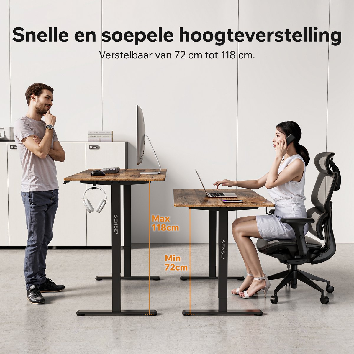 Eve SENSE7 NOJO LIGHT - Zit Sta Bureau - 140 cm x 70 cm - Elektrisch bureau - Verstelbare bureau - Elektrische Hoogteverstelling, Hoogte 72-118 cm, Intelligent Bedieningspaneel, Donkerbruin